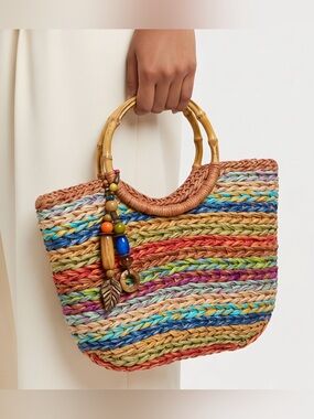 RARE Blue Miami Toyo Straw Multicolor Striped Beach Tote NWT